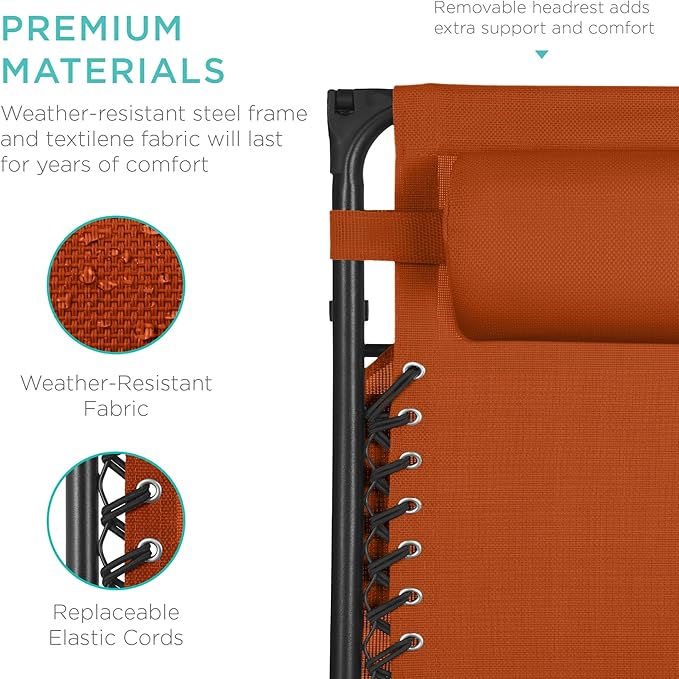 Best Choice Products 30” Wide Folding Zero Gravity Outdoor Recliner Patio Lounge Chair w/Adjustable Canopy Shade, Headrest, Side Accessory Tray - Burnt Orange - Image 7