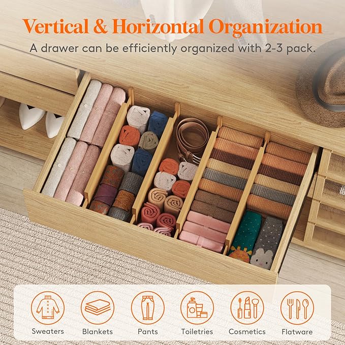 Lifewit 6" High 8 Pack Bamboo Drawer Dividers 45-55cm/17.5-22" Adjustable - Image 4