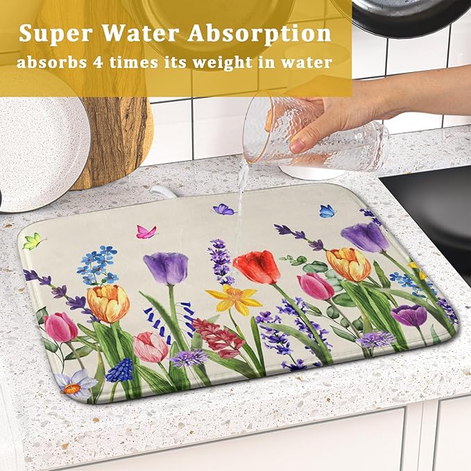 Spring Colorful Flower Dish Drying Mat 16x18 Inch Spring Summer Wildflowers - Image 7