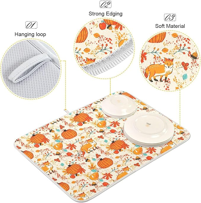 Fall Fox Dish Drying Mat for Kitchen Countertop 18x24 Autumn Chestnuts Pumpkin - Image 4