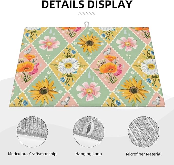 Daisy Flowers Dish Drying Mat 18x24 Inch, Microfiber Absorbent Fast Dry Mat - Image 3