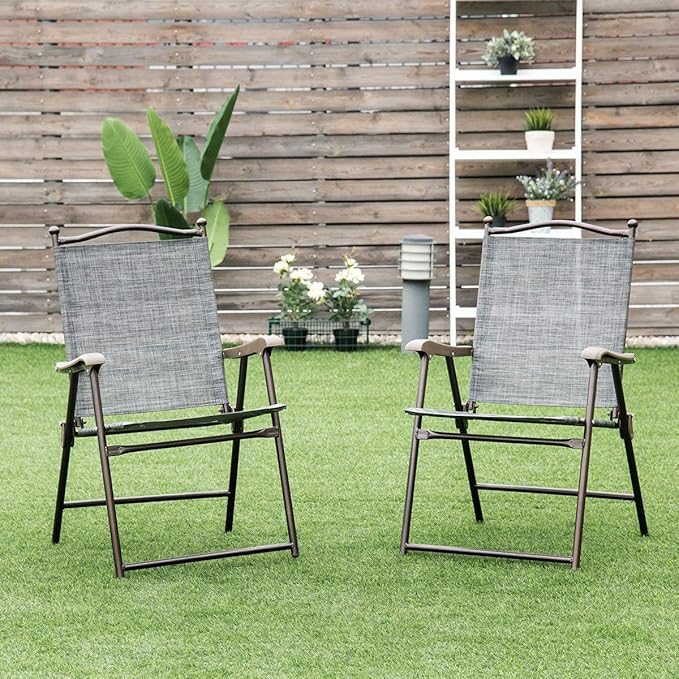 Giantex Set of 2 Patio Folding Chairs, Outdoor Patio Dining Chairs w/Armrest, Sling Back, Metal Frame, Outside Use for Lawn Camping Garden Pool Beach Yard Lounge, No Assembly, Grey - Image 4
