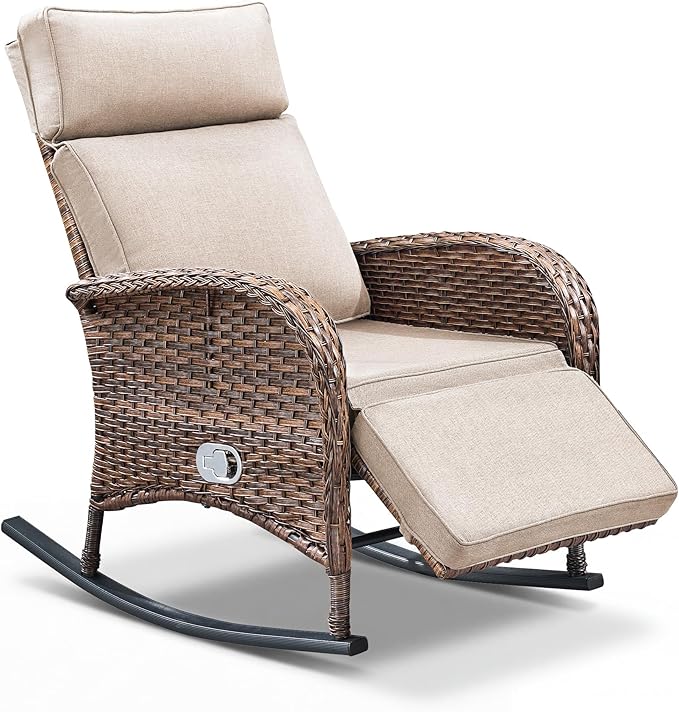 Zero Gravity Patio Rocking Wicker Recliner Chair - Wicker Outdoor Lounge Chair with Adjustable Backrest & Footrest, All Weather Reclining Rocker Chairs with Thick Cushion for Pool Deck Beige - Image 7