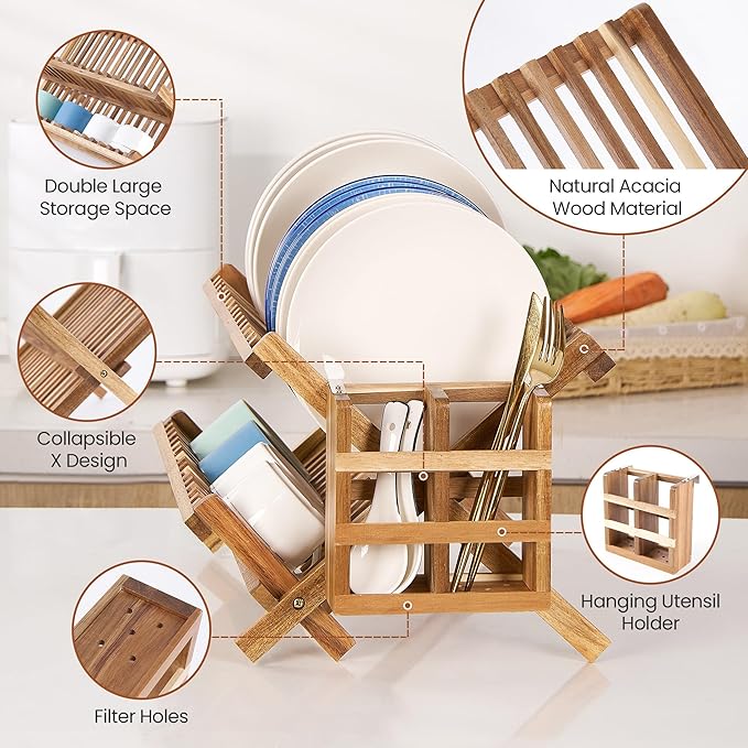 Acacia Wooden Dish Drying Rack for Kitchen Counter 2-Tier Collapsible Bmaboo - Image 3