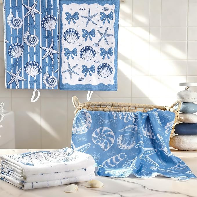 Breling Set of 6 Coastal Beach Kitchen Towels Blue Bow Dish Towel Bathroom - Image 6