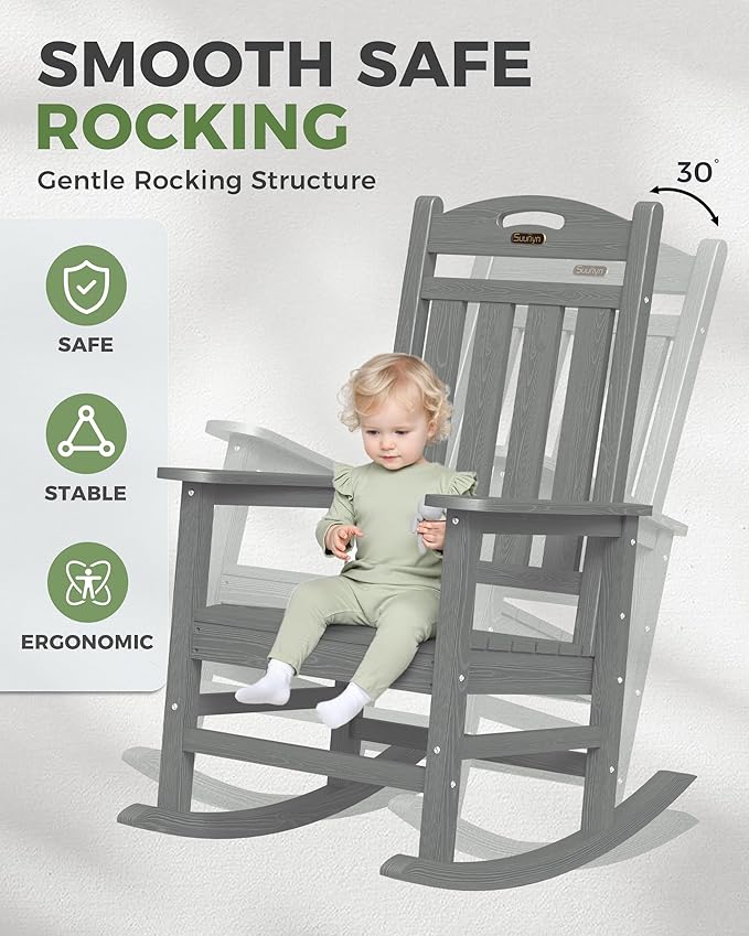 Oversized Outdoor Rocking Chair Set of 4, High Back Porch Rocker Chair, HDPE Rocking Chairs for Patio, Living Room, Light Grey - Image 4
