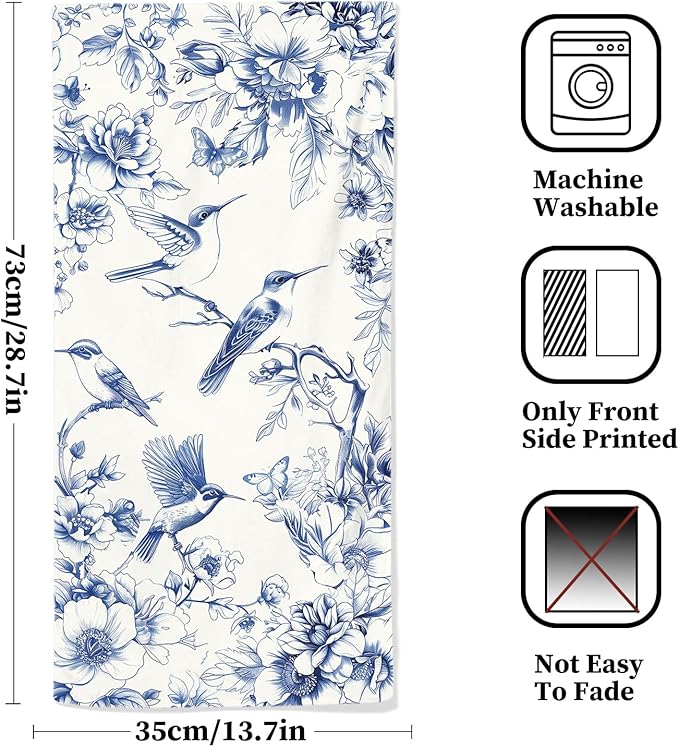 Blue Floral Hand Towels for Bathroom Humingbird Kitchen Towels Watercolor - Image 2