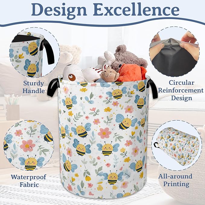 Cute Bee Laundry Basket, Foldable Oxford Cloth Pink Flowers Laundry Hamper - Image 4