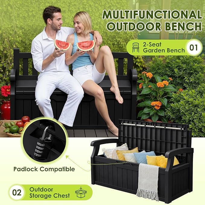 Greesum 80 Gallon Heavy-Duty Outdoor Storage Bench with Cushion, UV-Resistant Resin Bench with Armrest, Deck Box for Garden, Poolside, Patio, Black - Image 4