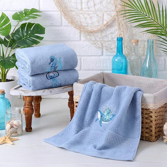 3 Pack Ocean Hand Towels for Bathroom 100% Cotton Embroidered Seahorse - Image 2