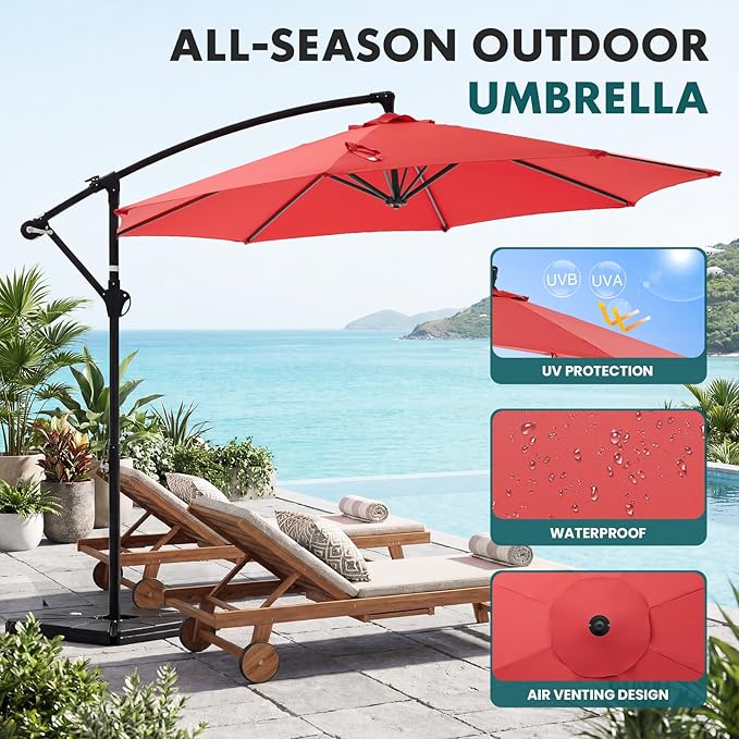 OLIXIS Offset Patio Umbrella, 9.7FT Cantilever Table Umbrellas for Outdoor Sun Shade UV Protection with Easy Tilt Adjustment, 8 Ribs for Backyard, Lawn, Garden, Pool - Red - Image 2