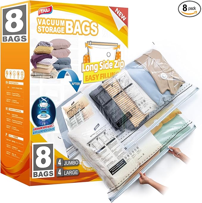 TAILI 8 Pack Vacuum Storage Bags, LONG SIDE ZIP, Storage Bulky Beddings by TAILI