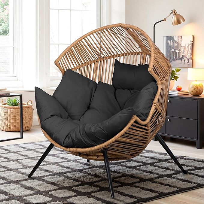 Vongrasig Wicker Egg Chair PE Rattan Chair with Cushion, Oversized Patio Lounge Chair for Outdoor, Indoor, Balcony, Backyard, Garden, Living Room, Black by Vongrasig