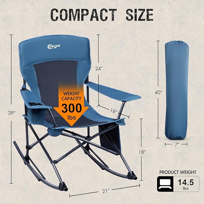 Portal Folding Camping Rocking Chair Portable Outdoor Rocker High Back Cup Holder Side Pocket Carry Bag Included, Support 300 lbs - Image 2