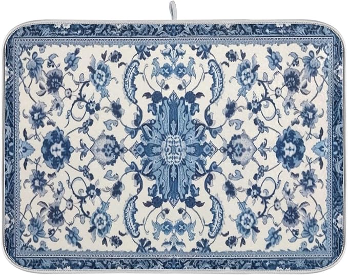 Dish Drying Mat Kitchen Counter Absorbent Blue and White Pattern Coffee Sink by Unknown