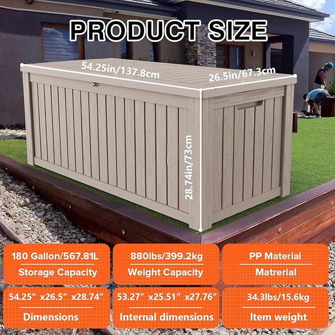 TARKARI 180 Gallon Lockable Resin Deck Box, Waterproof & UV-Resistant Outdoor Storage Box for Outdoor Cushion Storage, Garden Tools & Pool Accessories Storage, Gray - Image 2