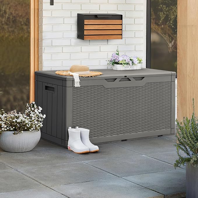 Greesum 100 Gallon Resin Patio Storage Box for Garden Tools, Outdoor Furniture Cushions, Pool Supplies, Gray - Image 4