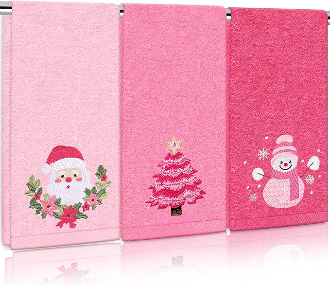 3Pcs Christmas Pink Hand Towel Set Cotton Xmas Tree Santa Snowman Bathroom by FYSUIMU
