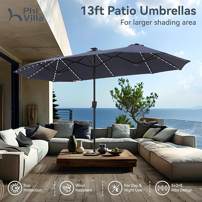 PHI VILLA 13ft Patio Umbrella with Solar-Powered 120 PCS LED Color-Changing Lights, Triple-Head Large Rectangle Umbrella Outdoor Patio for Table with Crank Lift,Navy Blue(No Base) - Image 4