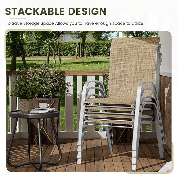 UDPATIO Patio Chairs Set of 4, Stackable Silver Outdoor Dining Chairs with High Back, Breathable Outdoor Chair Textilene Fabric All Weather, 350LBS Capacity for Garden, Backyard (Beige) - Image 7