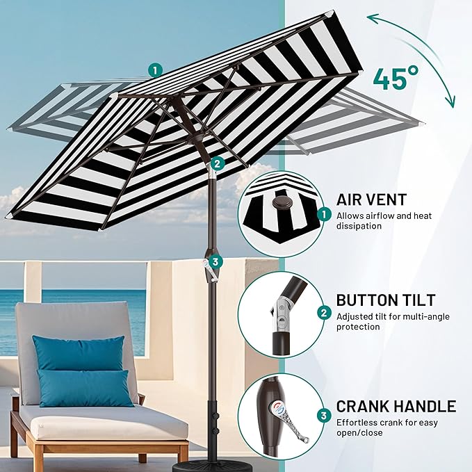 AreShark 7.5FT Patio Umbrella Table Market Umbrella with 6 Sturdy Ribs, Button Tilt/Crank, Heavy-Duty Outdoor Umbrellas for Pool, Deck, Garden and Backyard, Black & White Stripe - Image 6