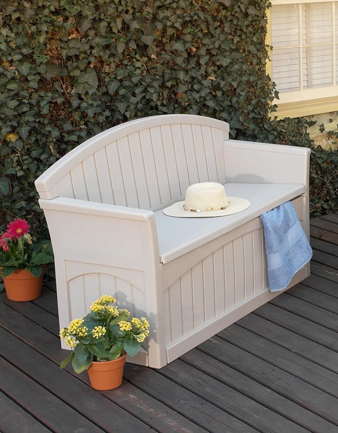 Suncast Outdoor Storage Bench - 50 Gallon Taupe Resin Outdoor Bench with Storage for Cushions, Tools & More. All-Weather Patio Deck Box with Seat for Porch, Pool, Yard, & Garden, Made in USA - Image 15