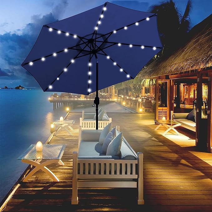 Blissun 9 ft Solar Umbrella 32 LED Lighted Patio Umbrella Table Market Umbrella with Tilt and Crank Outdoor Umbrella for Garden, Deck, Backyard, Pool and Beach (Navy Blue) - Image 5