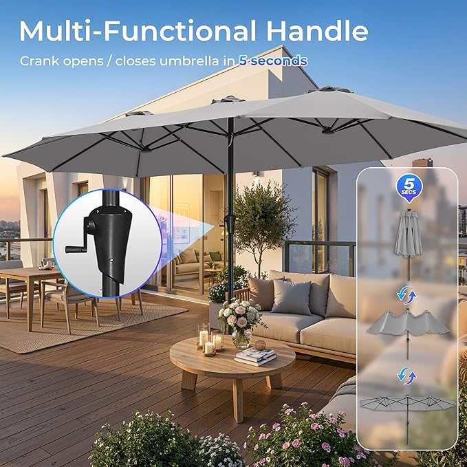 SUPERJARE 15FT Outdoor Umbrella for Patio, Double sided Pool Umbrellas with Fade Resistant Canopy, Large Table Umbrella for Deck, Market, Backyard - Gray - Image 5