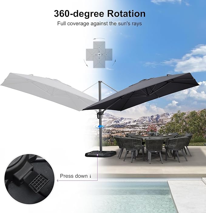 PURPLE LEAF 11.5' X 11.5' Telescopic Patio Umbrella with Base Included Lifting Cantilever Offset Square Large Umbrella for Pool Outdoor Patio Deck Garden Grey - Image 6