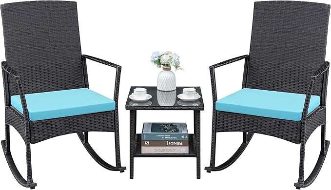 Greesum 3 Pieces Patio Furniture Set Outdoor Wicker Rocking Chairs with Glass Coffee Table for Garden Backyard Porch Poolside, Blue by BuynowfromGreesum