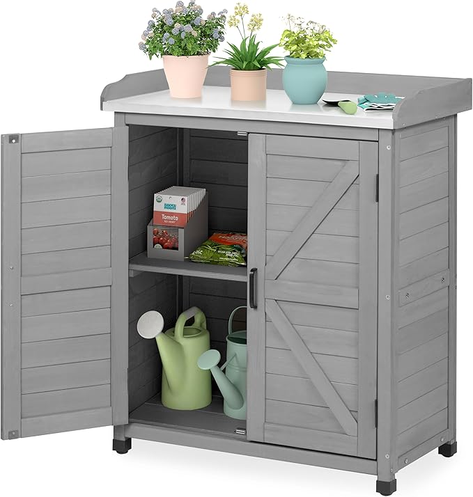 Outdoor Storage Cabinet & Potting Bench Table with Metal Top, Wooden Patio Furniture, Garden Workstation (Classic Grey, 39x31.5x17in) by OutdoorFurniture