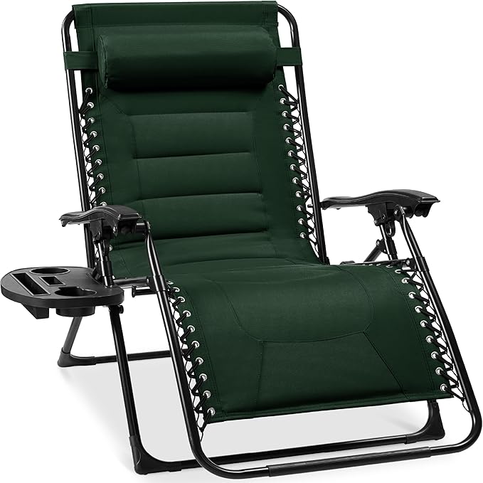 Best Choice Products Oversized Padded Zero Gravity Chair, Folding Outdoor Patio Recliner, XL Anti Gravity Lounger for Backyard w/Headrest, Cup Holder, Side Tray, Polyester Mesh - Forest Green by BestChoiceProducts