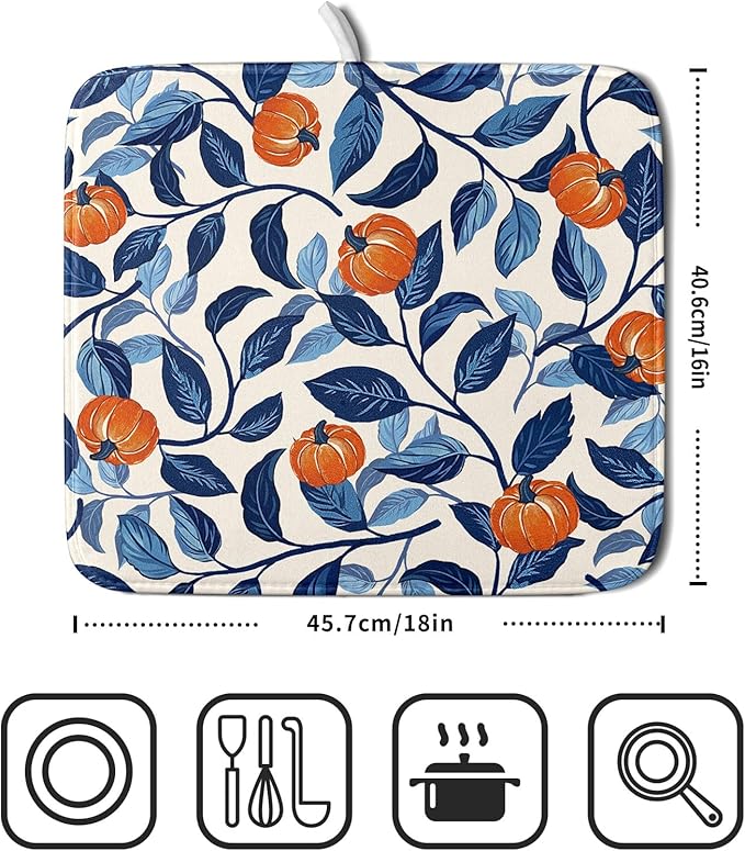 Autumn Pumpkin Dish Drying Mat for Kitchen Counter 16x18 Inch Blue and Orange - Image 2