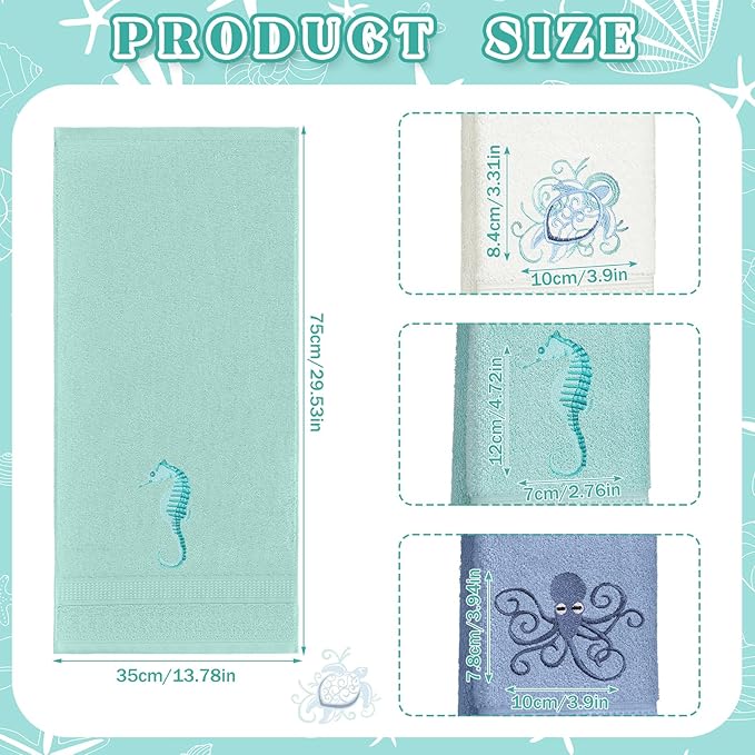 3 Pack Coastal Hand Towels for Bathroom 100% Cotton Embroidered Bathroom Towels - Image 2