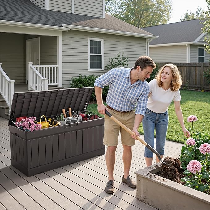 Flamaker Outdoor Storage Box 80 Gallon Resin Waterproof Deck Box Delivery Box with Wood Texture Large Storage Bin for Patio Cushions (Brown) - Image 7
