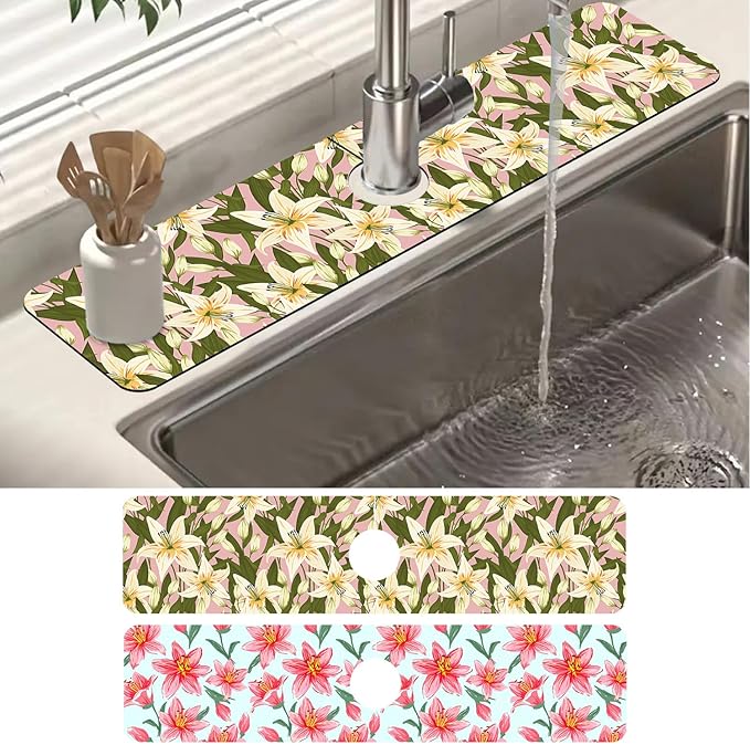2 Pack Vintage Flowers Leaves Sink Faucet Absorbing Mat Colorful Llilies Super by Unknown
