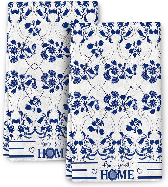 Blue Kitchen Towels Decorative Set of 2, Absorbent Boho Floral Dish Towels by Wovoto