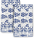 Blue Kitchen Towels Decorative Set of 2, Absorbent Boho Floral Dish Towels by Wovoto