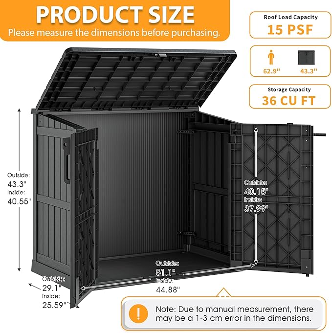 LHBcraft Outdoor Storage Cabinet 36 Cu Ft with Lockable Doors, Portable Horizontal Resin Storage Shed - Easy to Assemble, Waterproof Small Storage Shed with Floor Black - Image 7