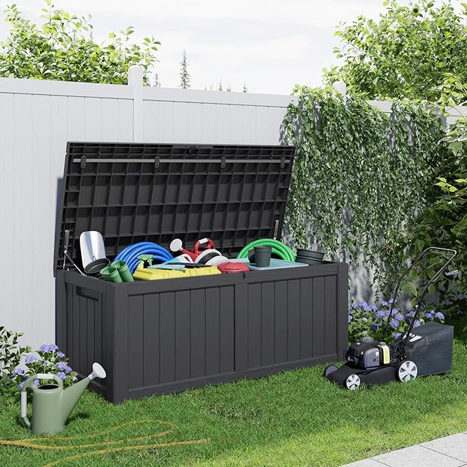 120 Gallon Resin Deck Box, Lockable Patio Outdoor Storage Box for Furniture, Garden Tools and Tools Storage, Waterproof Outside Storage Boxes - Black - Image 7