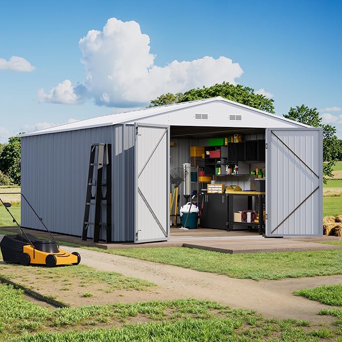 Greesum 10×14 FT Outdoor Storage Shed, Metal Storaged Sheds Without Floor, Tool Sheds with Lockable Doors and Sloping Roof for Garden, Patio, Gray - Image 6