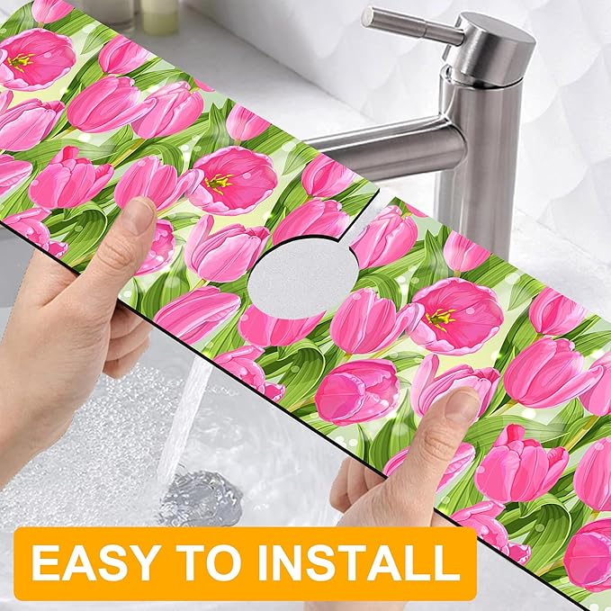 2 Pack Watercolor Tulips Sink Faucet Absorbing Mat Pink Tulips Super Absorbent - Image 4