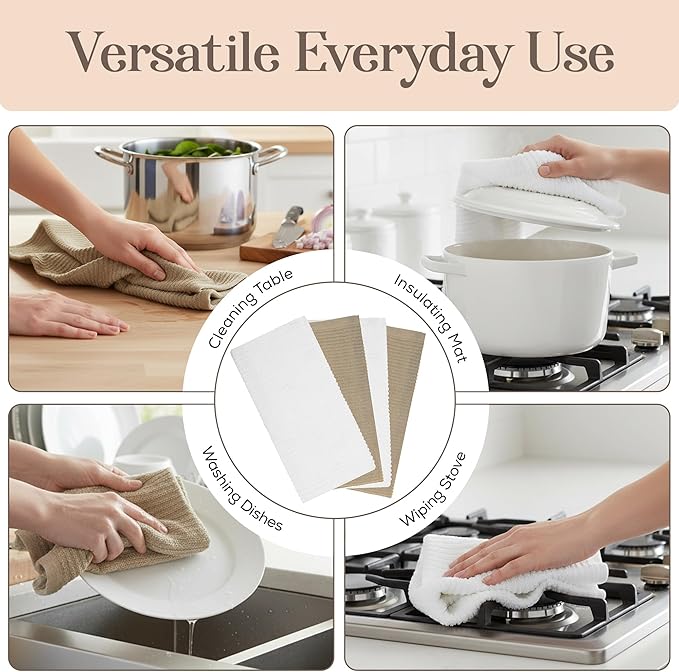 MosJos Kitchen Hand Towels Set of 4 Cotton Ribbed Taupe and White Hand Towels - Image 6