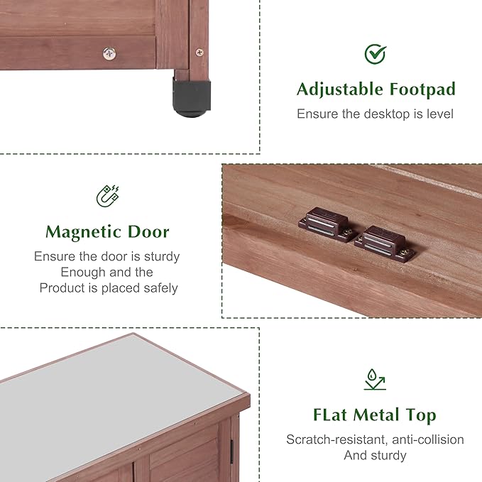 Outdoor Storage Cabinet & Potting Bench Table with Metal Top, Wooden Patio Furniture, Garden Workstation (Dark Brown, 36x31x17in) - Image 5