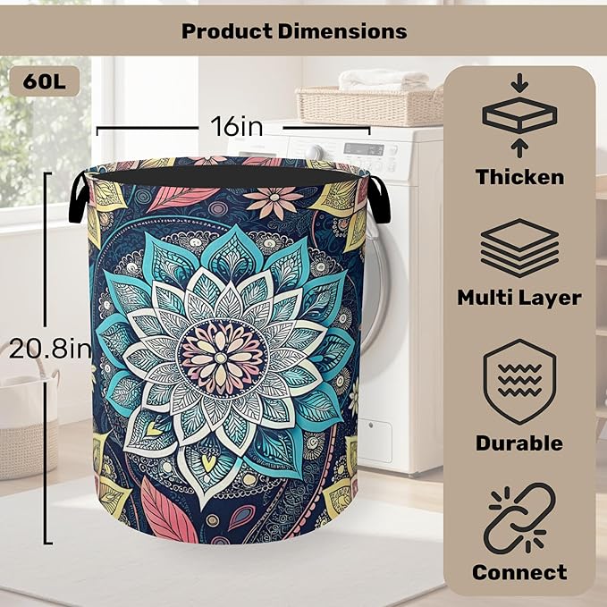 Bohemian Blue Flowers Laundry Basket, Dirty Clothes Basket, Water Resistant - Image 2