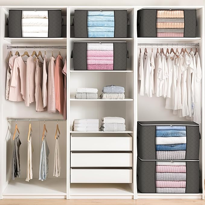 90 L Large Storage Bags, 6 Pack Clothes Storage Bins Foldable Closet Organizers - Image 5
