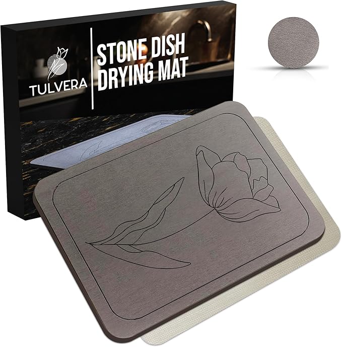 Stone Dish Drying Mat for Kitchen Counter – Diatomaceous Earth Drying Mat | by Tulvera