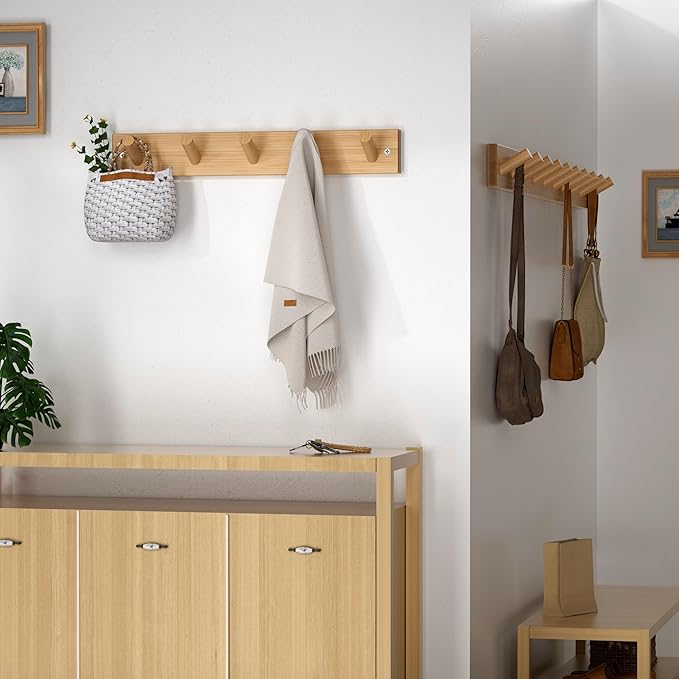 SKOLOO Wooden Wall Mounted Coat Rack, 5 Pegs Bamboo Wall Hook - Image 3
