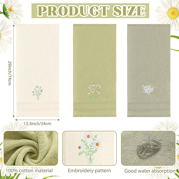 3 Pcs Daisy Floral Hand Towels Daisy Flowers Boho Bathroom Decor 14x29 Inch - Image 2