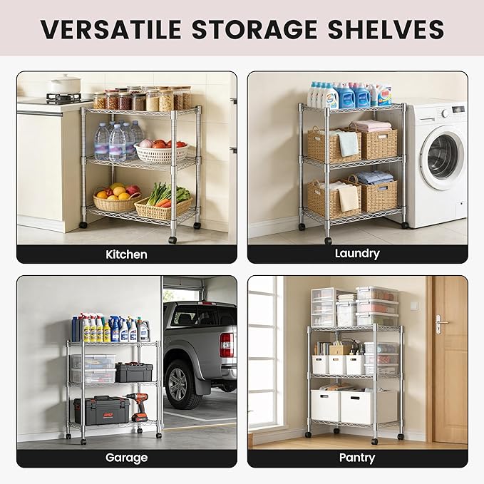 Xcity Storage Shelves, 3 Tier Heavy Duty Metal Shelving Unit with Wheels, 1050 LBS Capacity Adjustable Steel Wire Shelf Organizer for Pantry, Kitchen, Garage, 14" D x 24" W x 30" H, Chrome - Image 7